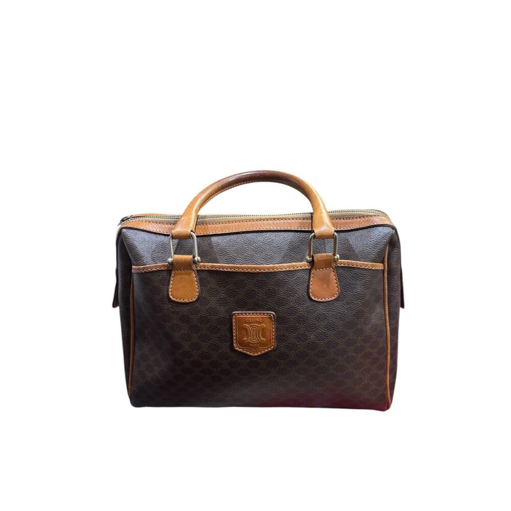 Celine Macadam Boston Bag Brown Coated Canvas Leather Satchel w AUTH COA LUXURY